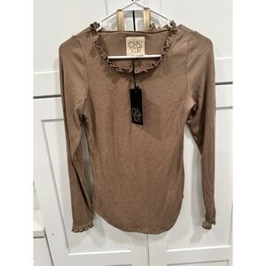 CHA SOR Ribbed Ruffle Trim Long Sleeve Top Fitted Tee Brown Size S